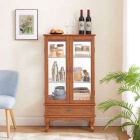 Lighted Glass Display Cabinet Glass Wine Cabinet Curio Display Cabinet with Adjustable Glass Shelves Two Doors and One Drawer Bulb Included for H