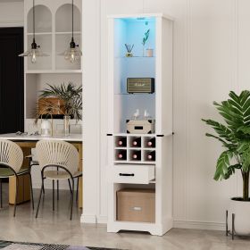 75'' Tall Storage Cabinet with LED Light, Farmhouse Pantry Cabinet with Tempered Glass Adjustable Shelves & Wine Storage Rack
