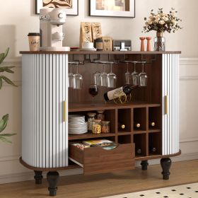 39" Fluted Liquor & Coffee Bar Cabinet with 6 Wine Racks and 3 Glass Holders, Mid-Century Modern Bar Cabinet with A Large Storage Drawer (Color: White)