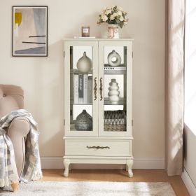 Curio Cabinet Lighted Glass Cabinet Glass Wine Cabinet Curio Display Cabinet with Adjustable Glass Shelves 2 Doors and 1 drawer Cabinet Sideboard (Color: Antique White, Material: MDF+glass)