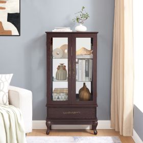 Curio Cabinet Lighted Glass Cabinet Glass Wine Cabinet Curio Display Cabinet with Adjustable Glass Shelves 2 Doors and 1 drawer Cabinet Sideboard (Color: Cherry, Material: MDF+glass)
